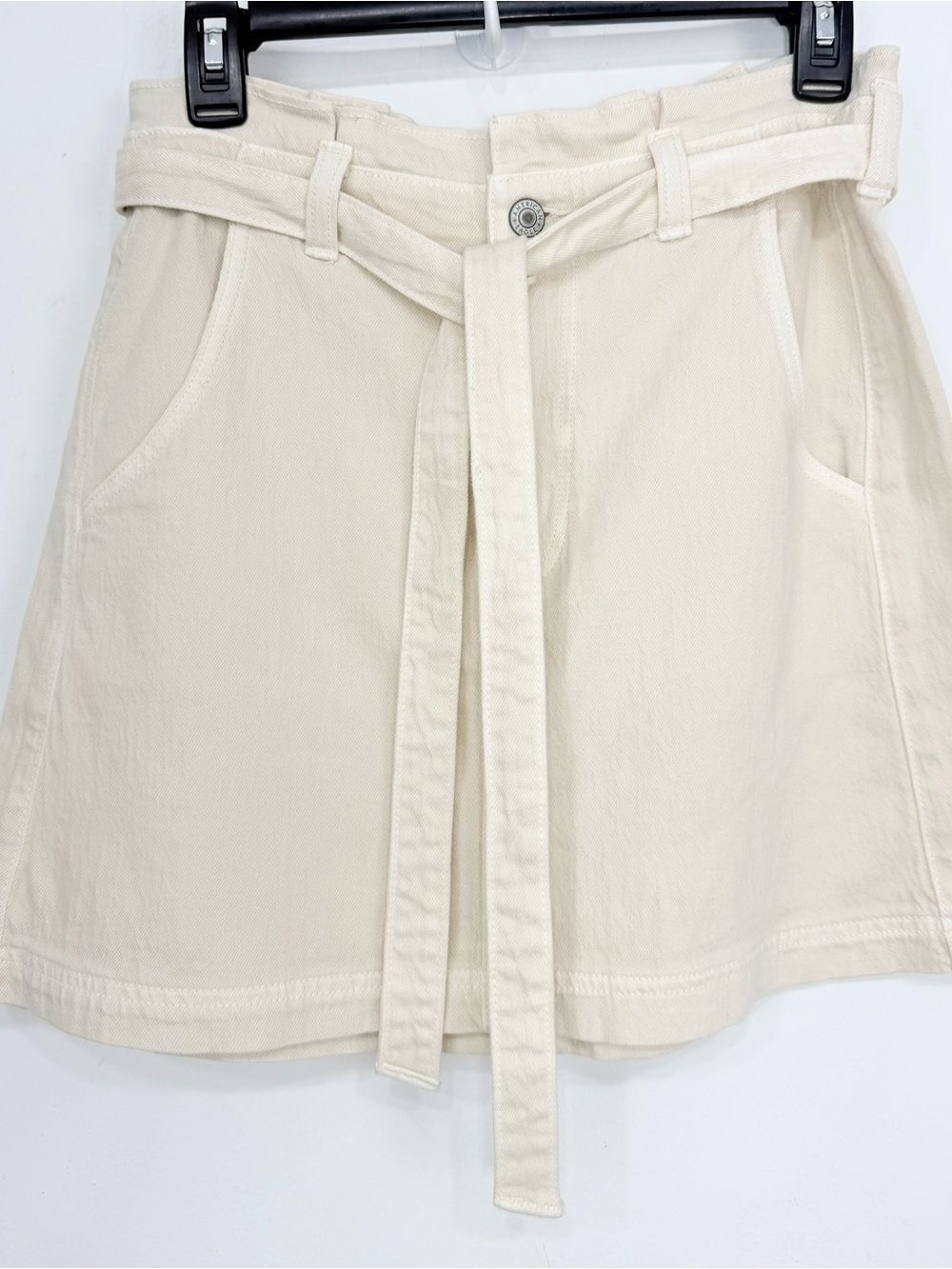 American Eagle Cream Stretch Soft Denim Tie Waist Mini Skirt